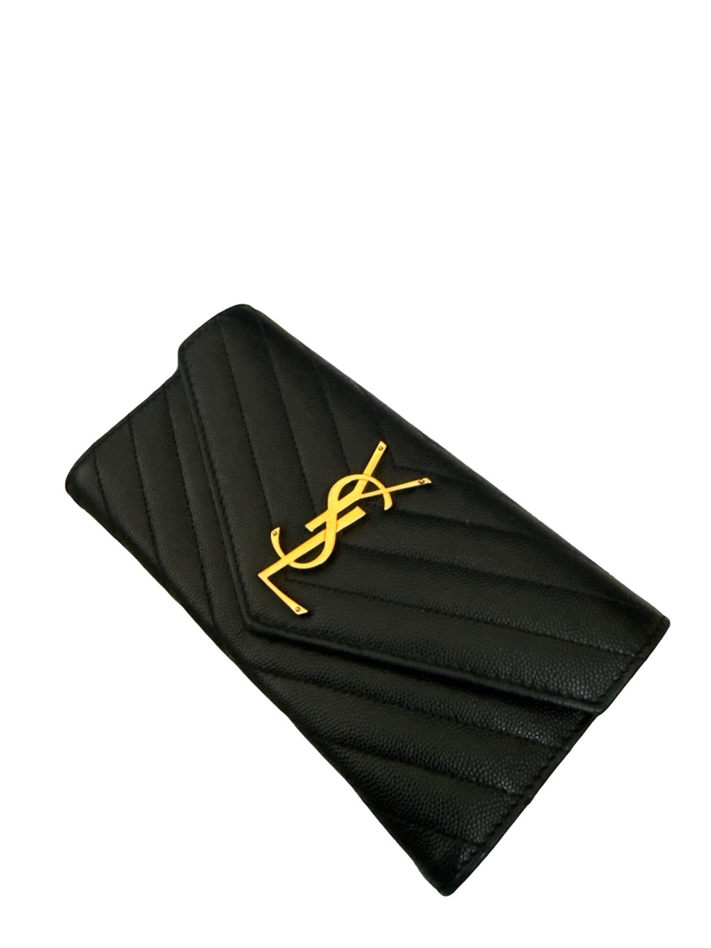 Saint Laurent Black Chevron Leather Wallet with Gold YSL Emblem Crossbody - Picture 12 of 15